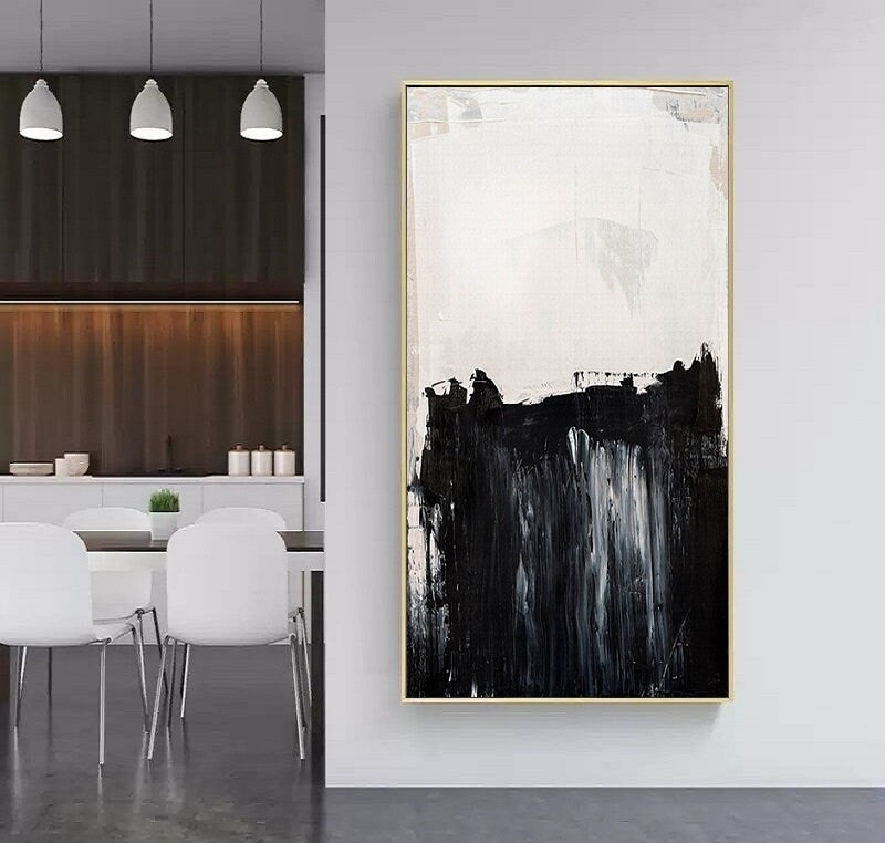 Large Black and whit abstract oil painting, Minimalist abstract painting, Scenes of people fishing on the cliffs were painted on canvas