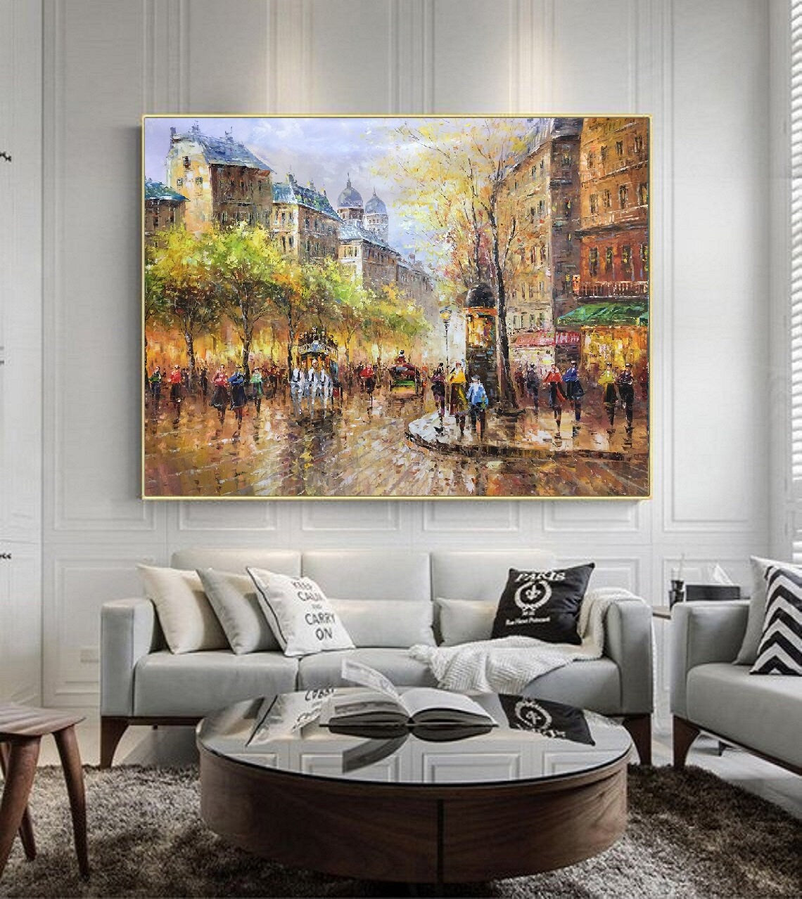People walking in the bustling streets of Paris,Large wall art Paris City Landscape oil painting on Canvas,Original Paris city art painting