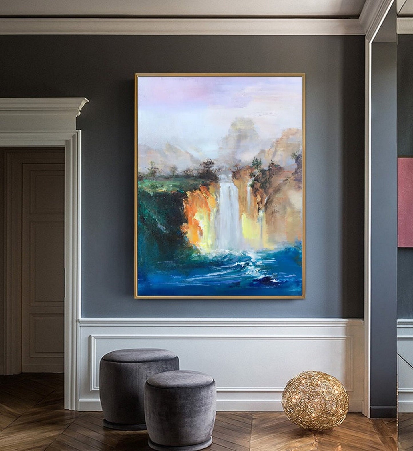 Large Original Landscape Painting,Blue Sea Painting,Landscape abstract painting,Waterfall landscape painting,Extra large wall art painting