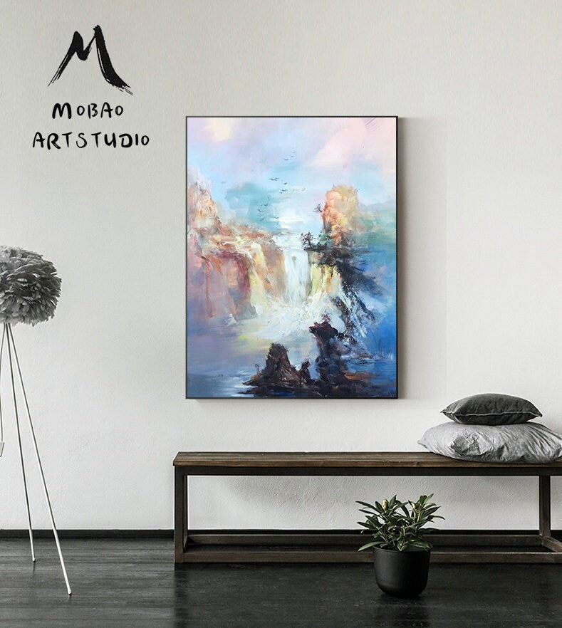 Large Original Landscape Painting, Waterfall landscape painting, Landscape abstract painting,Blue Sea Painting,Extra large wall art painting