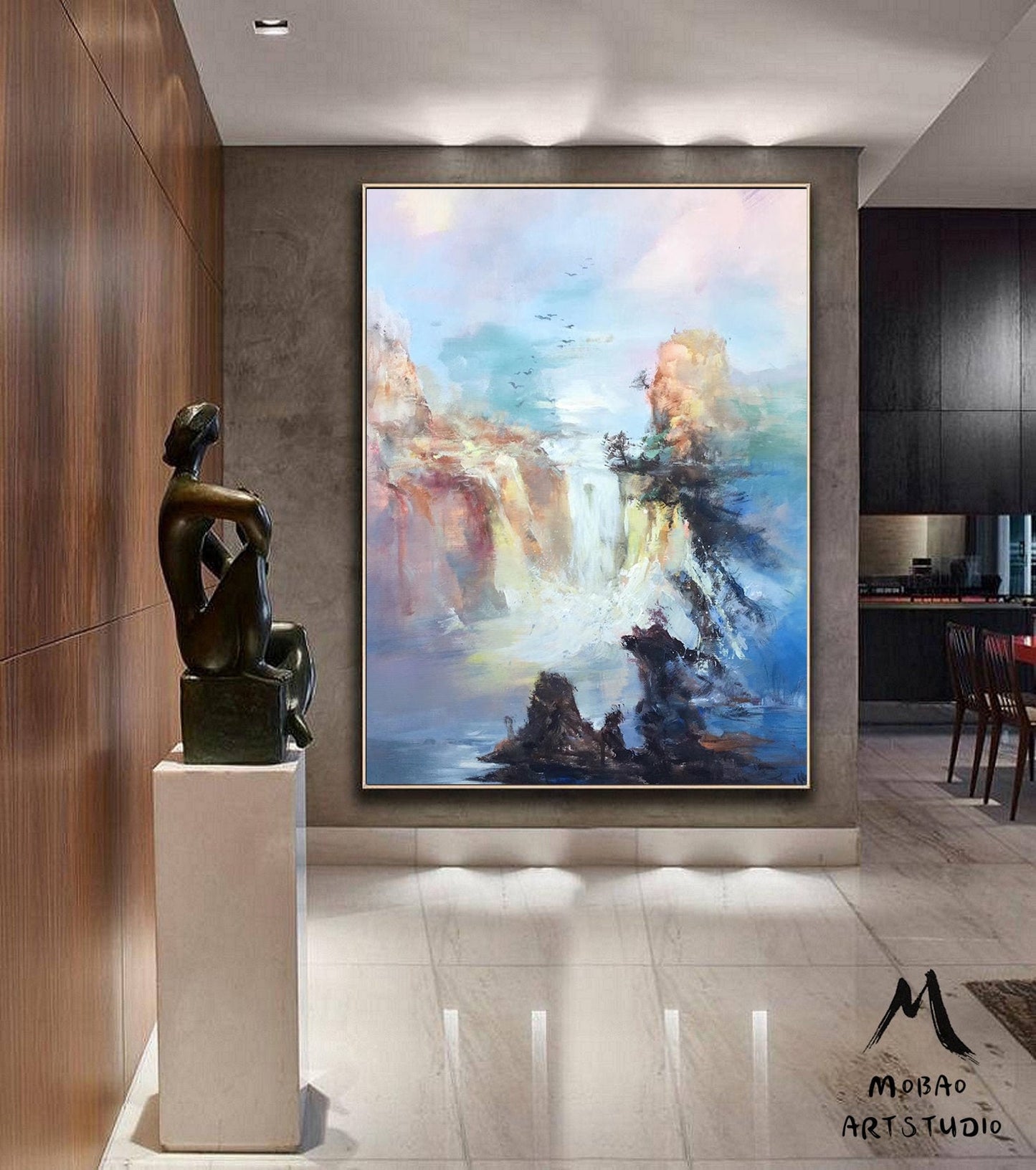 Large Original Landscape Painting, Waterfall landscape painting, Landscape abstract painting,Blue Sea Painting,Extra large wall art painting