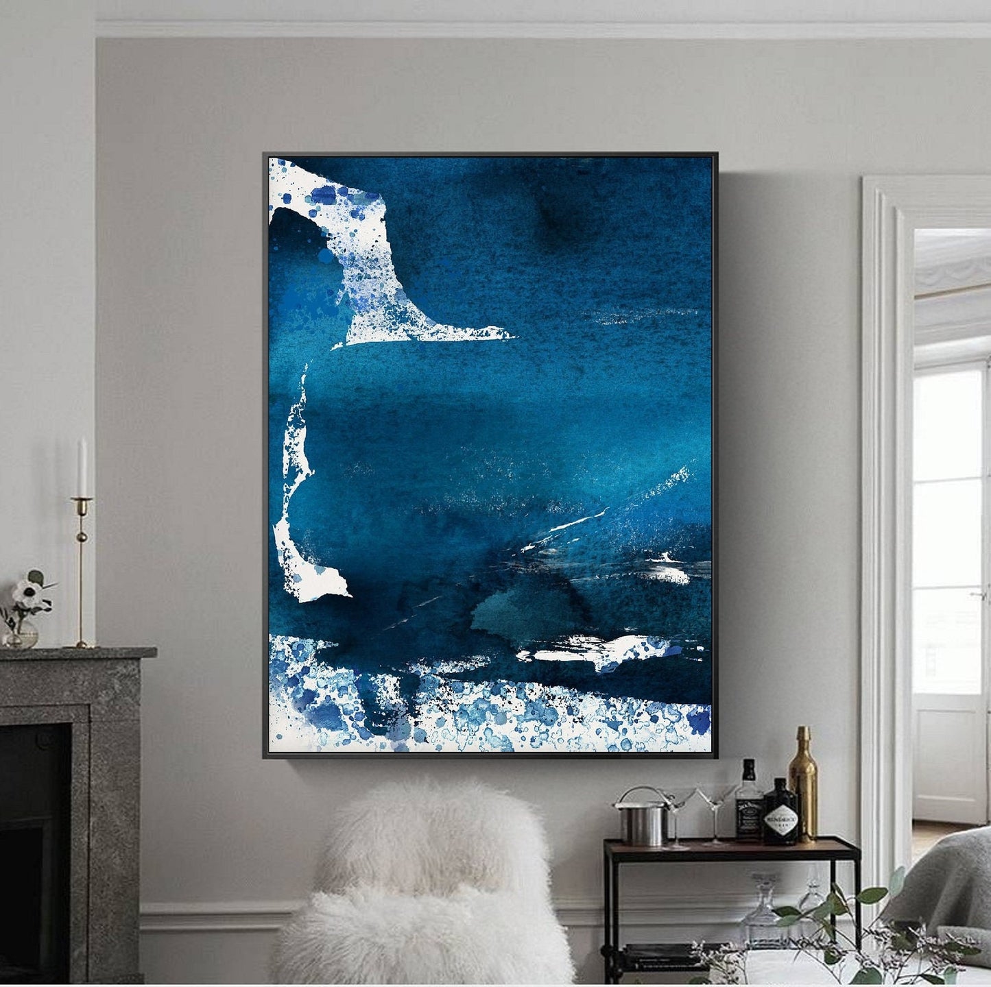 Large Blue Abstract Painting, White Painting Ocean Painting, Contemporary Art, Large Abstract Painting, Original Canvas Living Room Wall Art