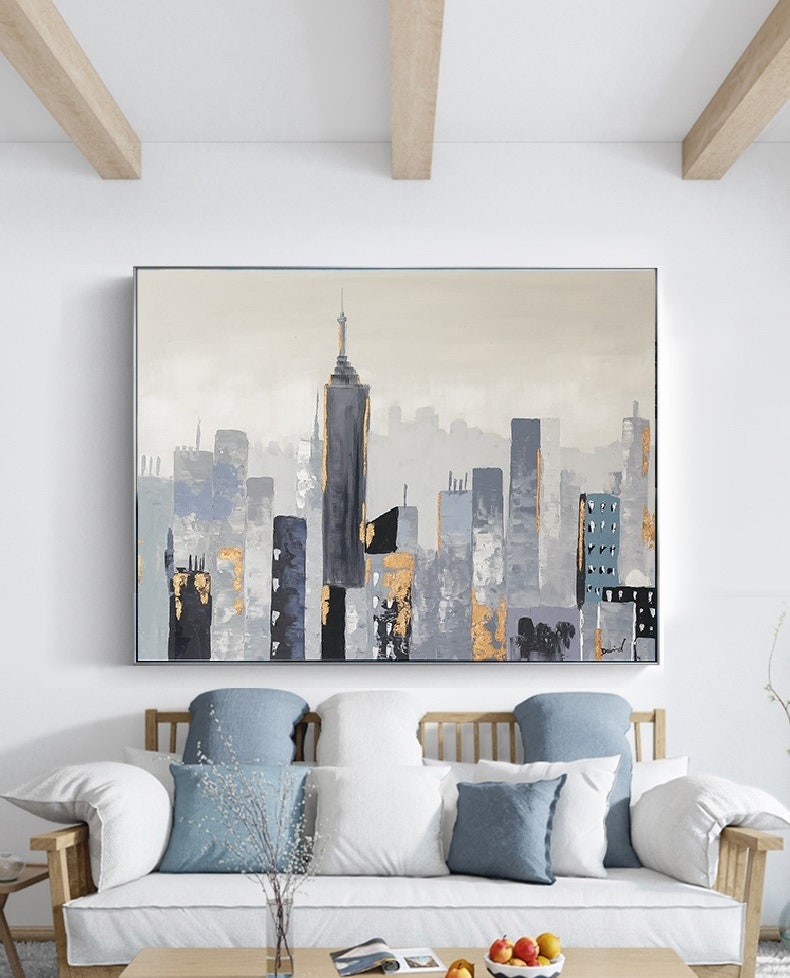 Large Wall City oil painting, Large Abstract Painting, New York skyline city art painting on Canvas,City architecture landscape oil painting
