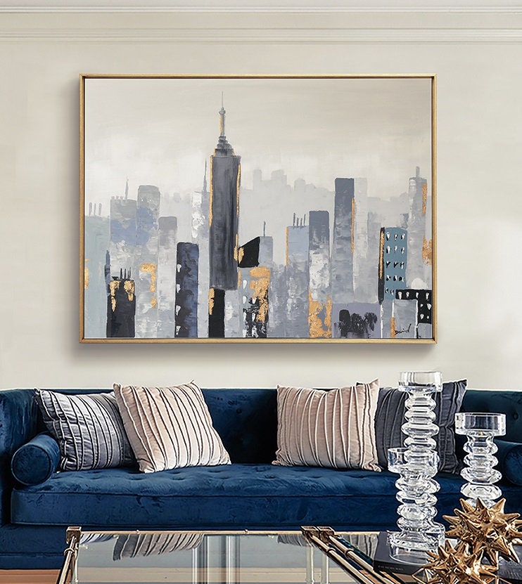 Large Wall City oil painting, Large Abstract Painting, New York skyline city art painting on Canvas,City architecture landscape oil painting
