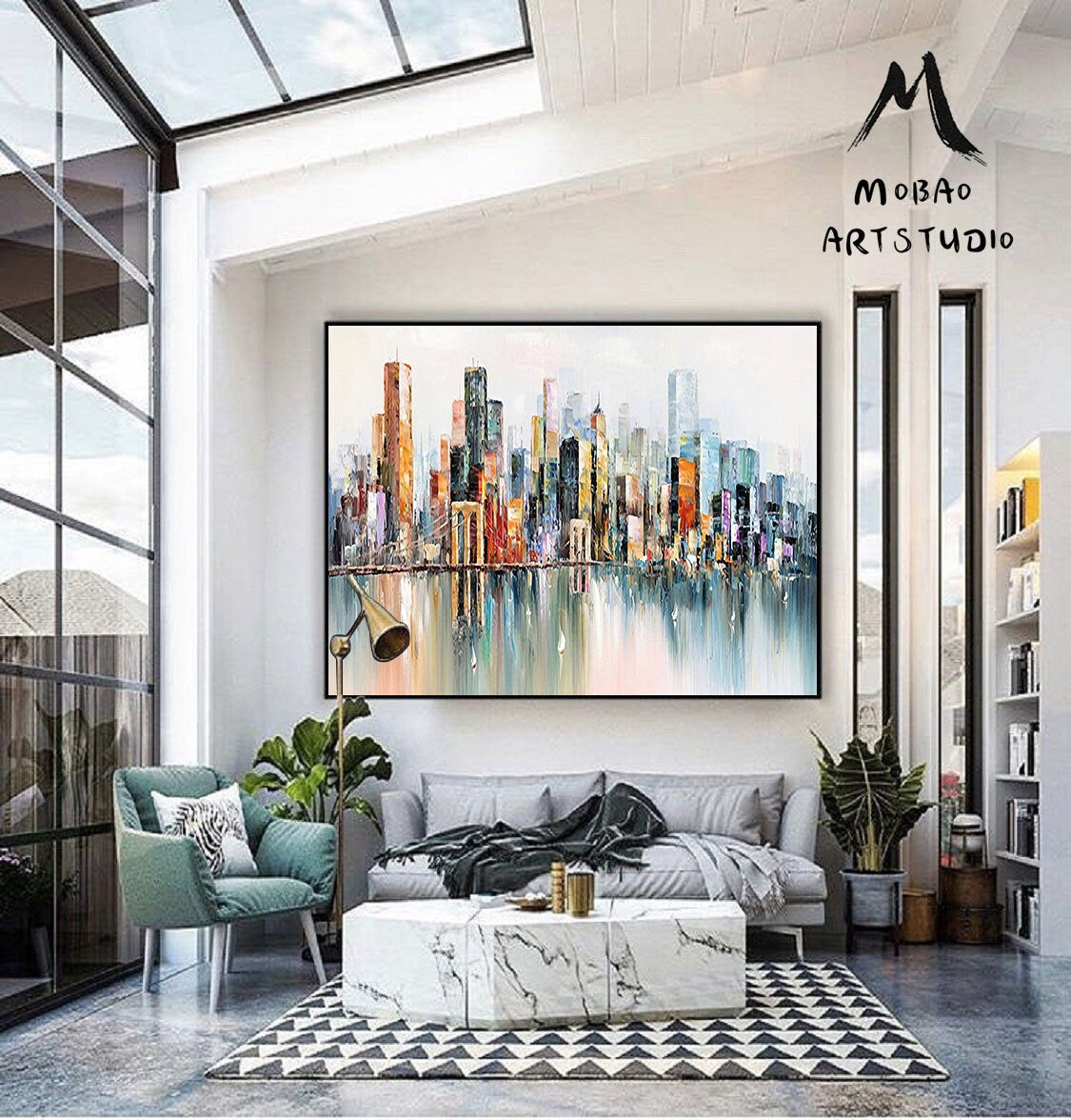 Large New York City Landscape Oil painting, Abstract urban landscape painting, City art oil painting decor, Original city art oil painting