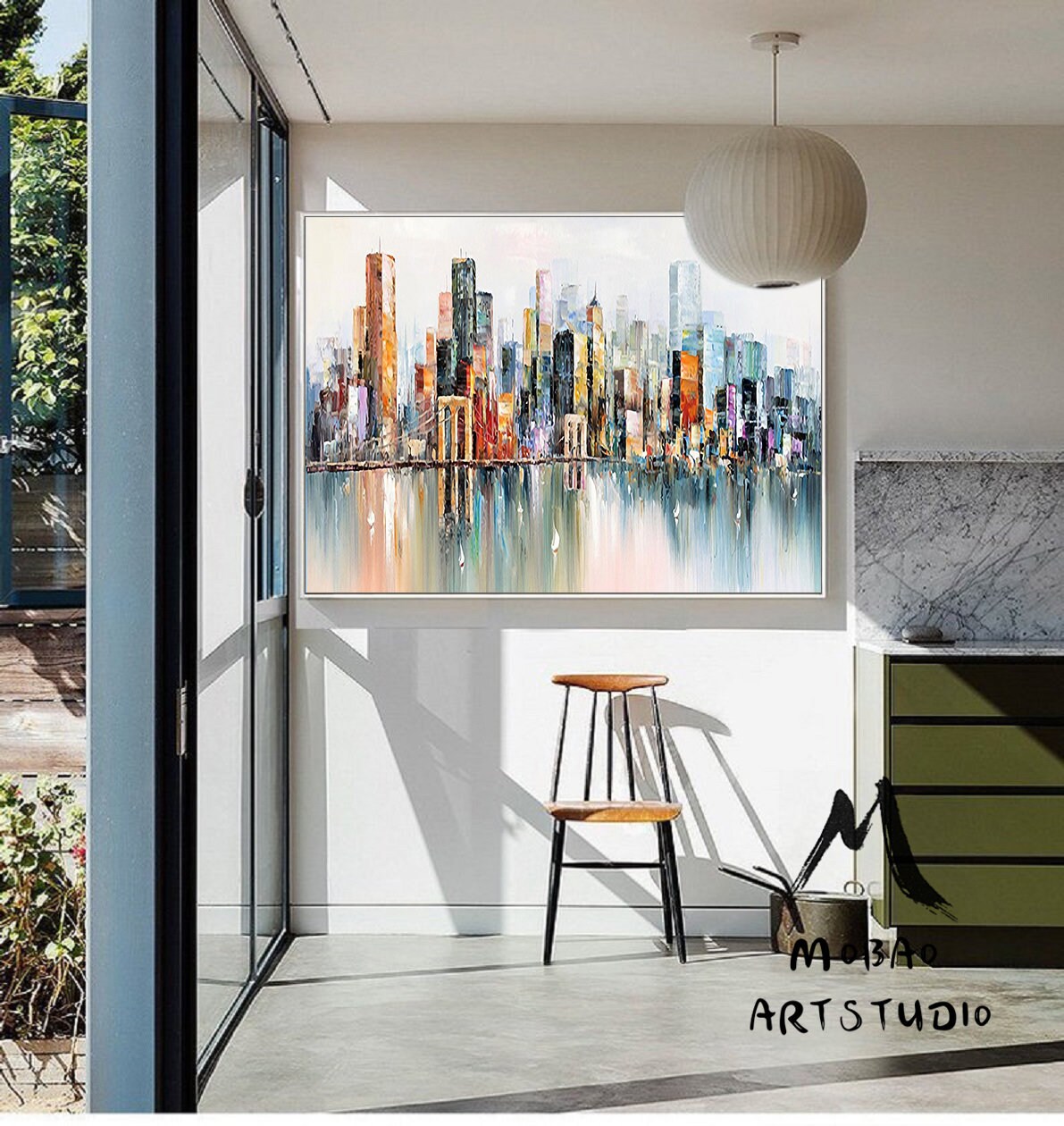 Large New York City Landscape Oil painting, Abstract urban landscape painting, City art oil painting decor, Original city art oil painting