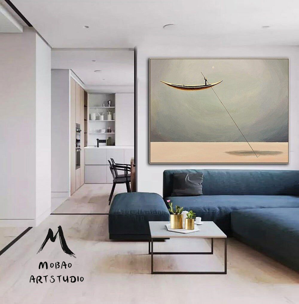 Sailboat Abstract Oil Painting Artwork, Floating Ship Like Floating In The Sky Ship Art Painting, Large Living Room Art Abstract Painting