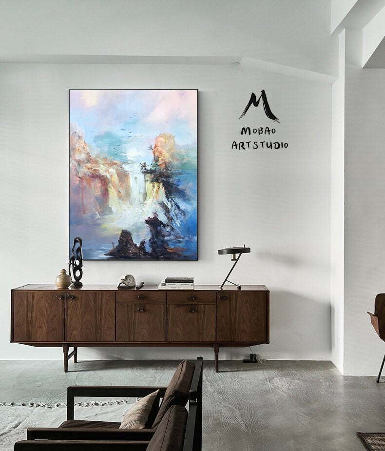 Large Original Landscape Painting, Waterfall landscape painting, Landscape abstract painting,Blue Sea Painting,Extra large wall art painting
