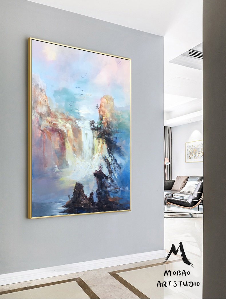 Large Original Landscape Painting, Waterfall landscape painting, Landscape abstract painting,Blue Sea Painting,Extra large wall art painting