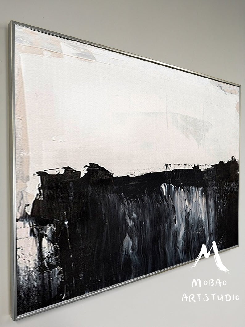 Black White Painting,Large Canvas Art Painting, Large Abstract Painting,Horizontal Wall Art,Wall Decor Art,Handmade Large Wall Art Painting