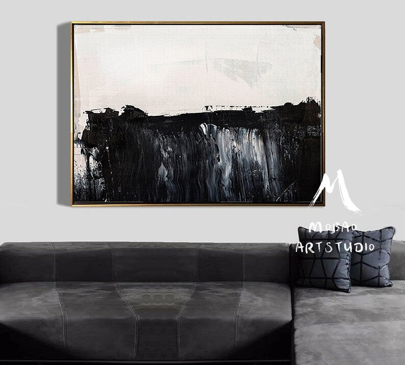Black White Painting,Large Canvas Art Painting, Large Abstract Painting,Horizontal Wall Art,Wall Decor Art,Handmade Large Wall Art Painting