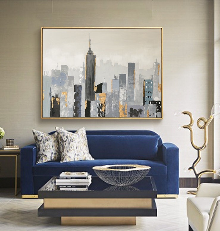 Large Wall City oil painting, Large Abstract Painting, New York skyline city art painting on Canvas,City architecture landscape oil painting