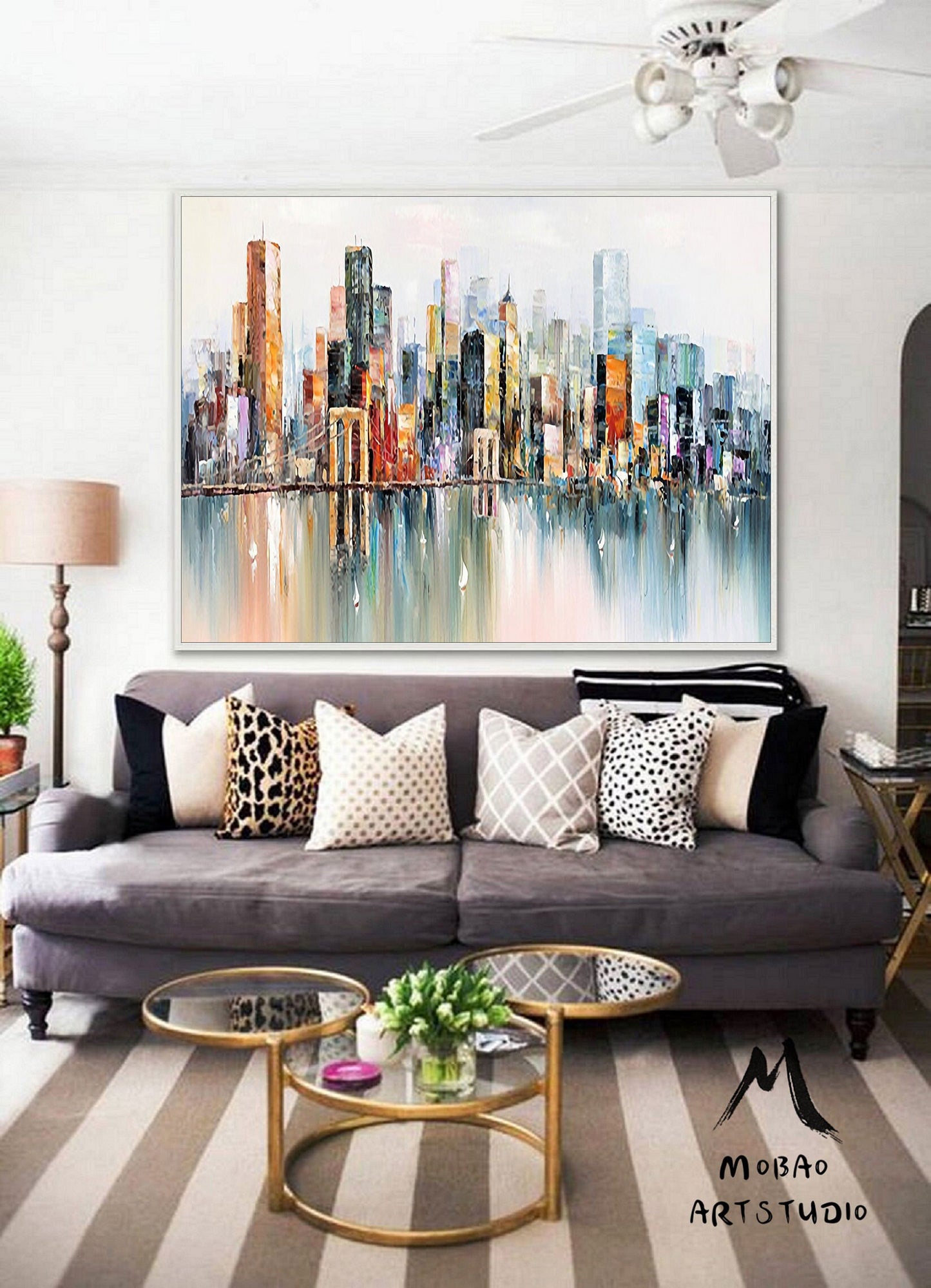 Large New York City Landscape Oil painting, Abstract urban landscape painting, City art oil painting decor, Original city art oil painting