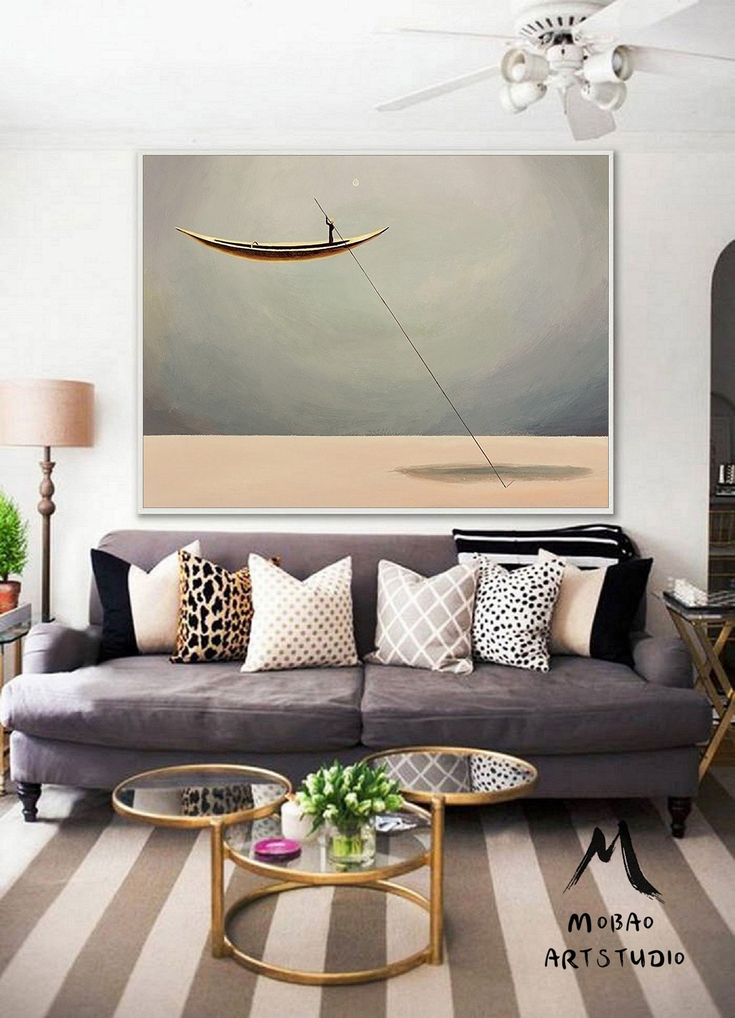 Sailboat Abstract Oil Painting Artwork, Floating Ship Like Floating In The Sky Ship Art Painting, Large Living Room Art Abstract Painting