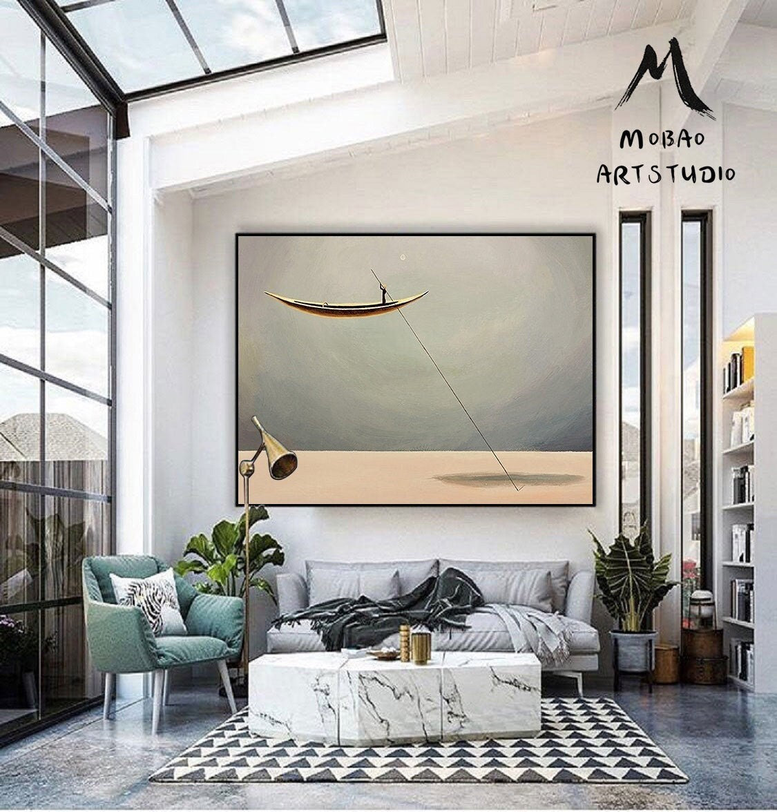 Sailboat Abstract Oil Painting Artwork, Floating Ship Like Floating In The Sky Ship Art Painting, Large Living Room Art Abstract Painting