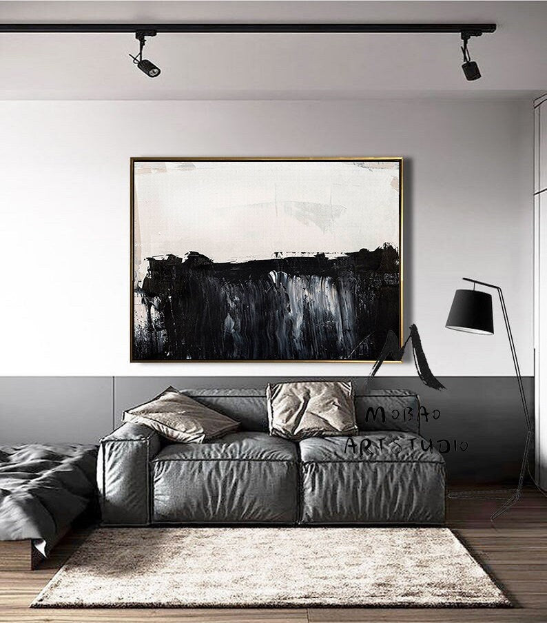 Black White Painting,Large Canvas Art Painting, Large Abstract Painting,Horizontal Wall Art,Wall Decor Art,Handmade Large Wall Art Painting