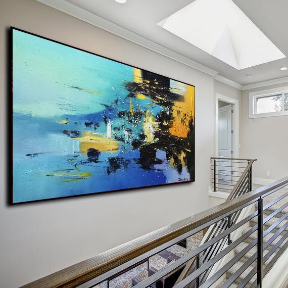 Blue Abstract Painting, Large Blue Sea Abstract Painting On Canvas,Dark Blue Abstract Painting, Black Painting Abstract Art, Yellow Painting