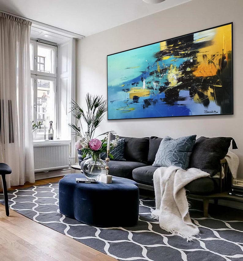 Blue Abstract Painting, Large Blue Sea Abstract Painting On Canvas,Dark Blue Abstract Painting, Black Painting Abstract Art, Yellow Painting