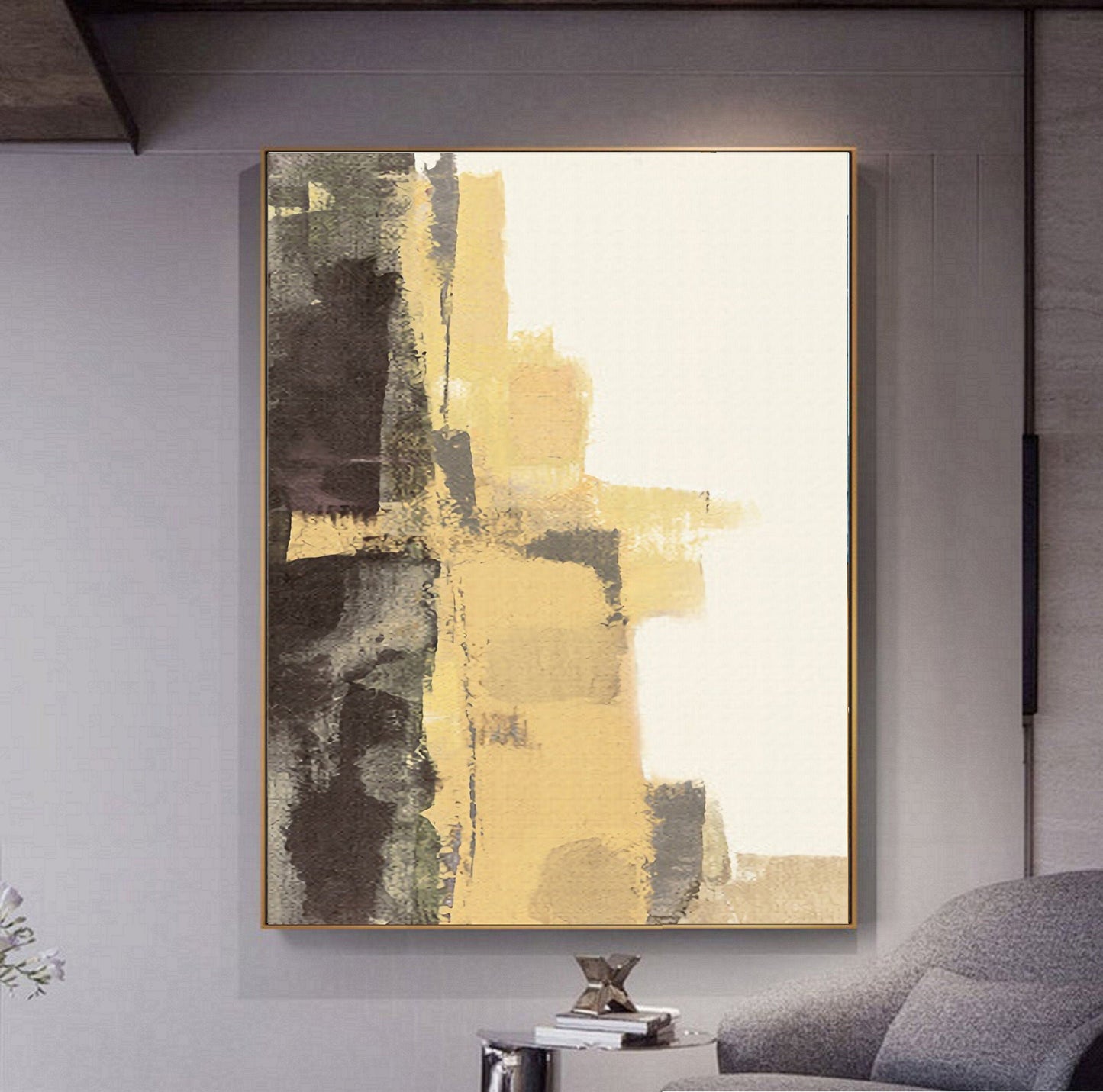 Large Abstract Painting, Minimalist Abstract Painting,Boho Wall Art, Wabi-Sabi Wall Art Yellow Art Painting,Beige Painting Yellow Painting