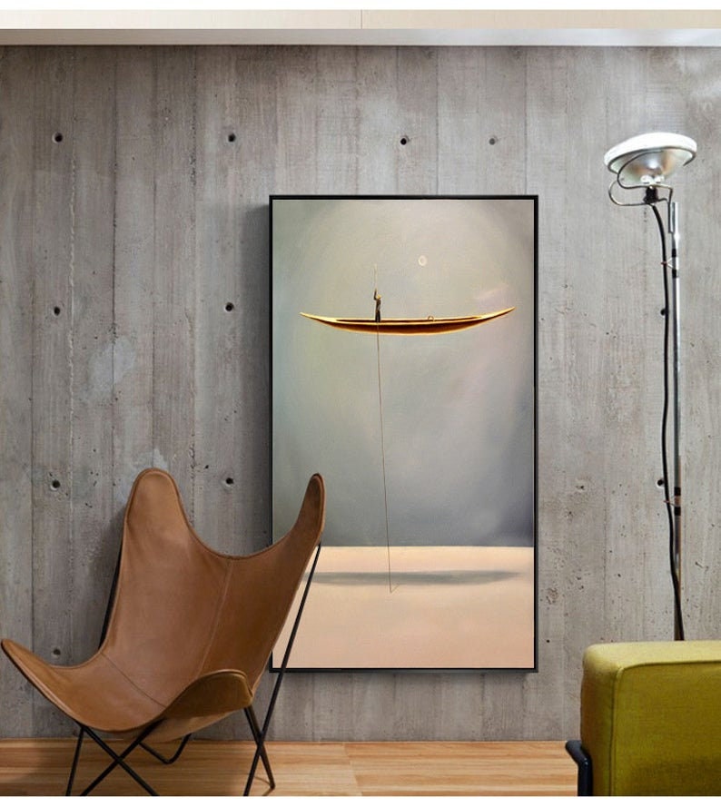 An abstract painting of a floating canoe,Abstract oil painting artwork Sailboat painting Wooden tall ship,Sky art oil painting Boat painting