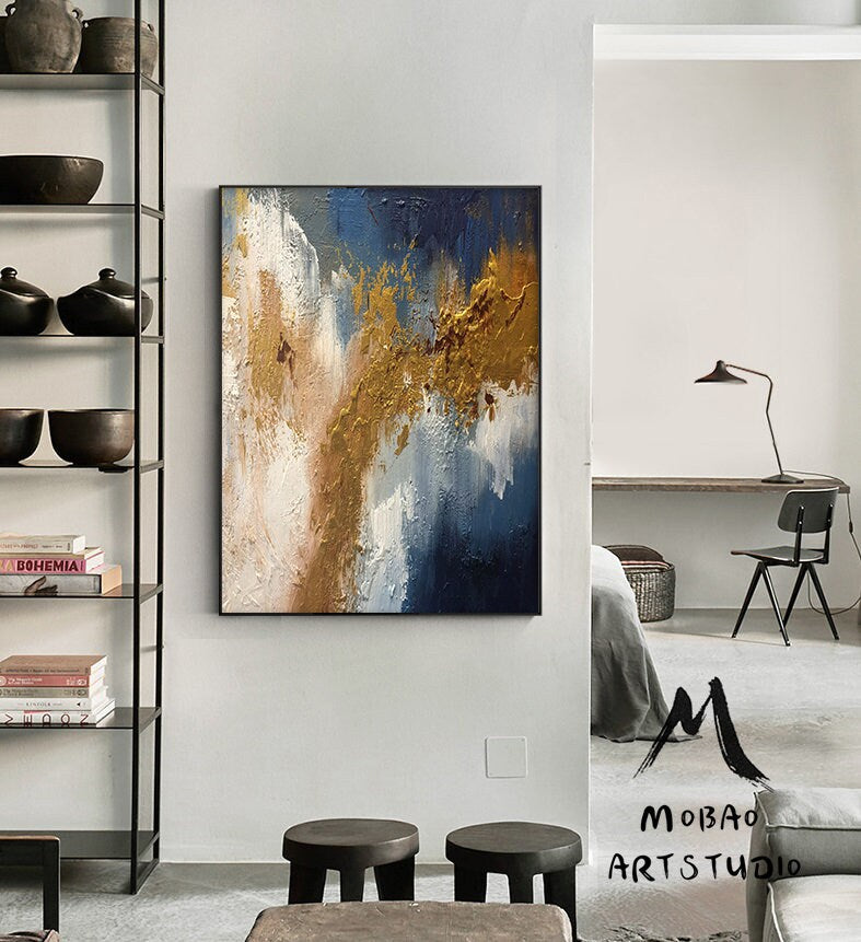 Extra Large Painting on Canvas,Original Large Abstract Painting,Contemporary Art Modern Oil Painting Large Blue Painting Gold Abstract Art