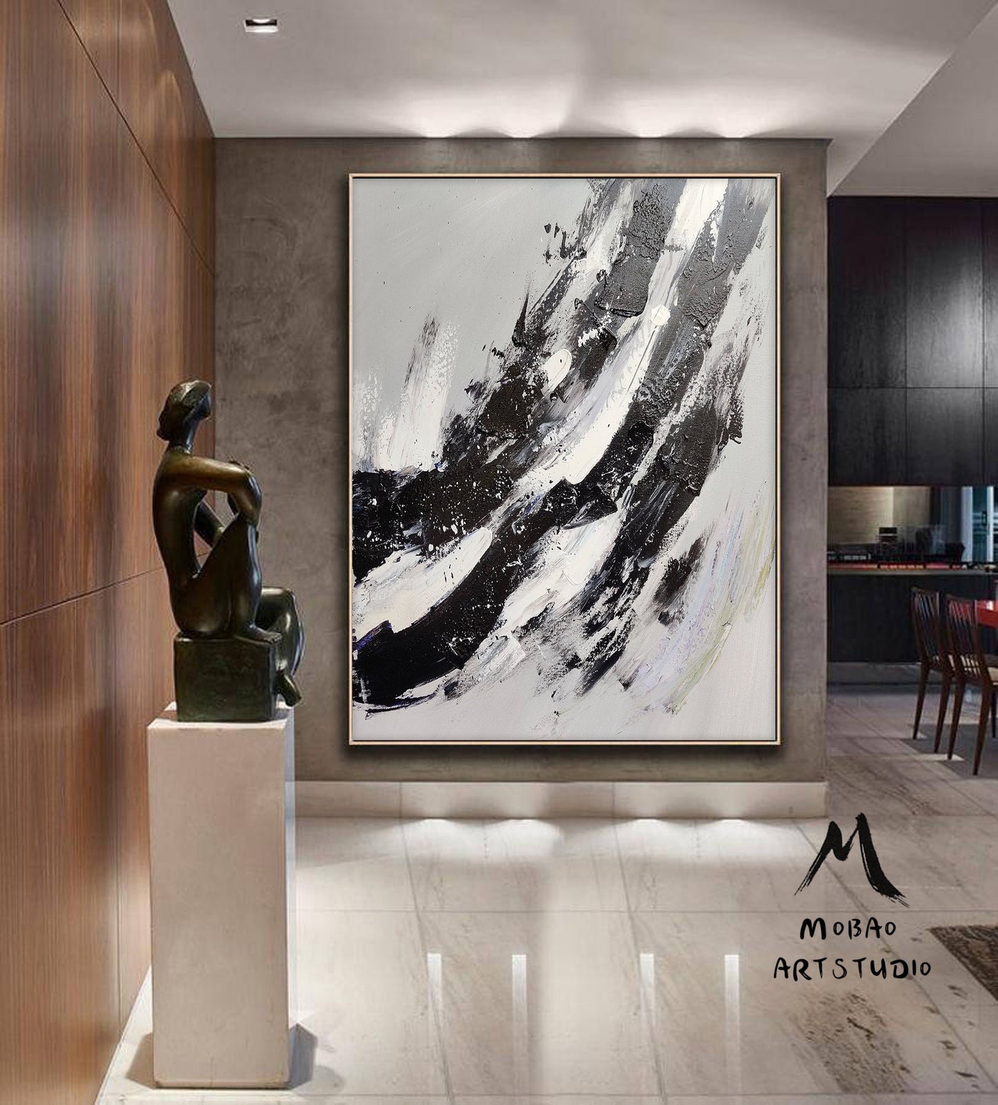 Large Abstract Painting,Modern Abstract Painting,Oil Hand Painting,Gray White Painting Black Painting,Office Wall Art,Original Textured Art
