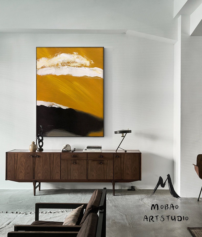 Large Abstract Painting, Original Golden Yellow Abstract Painting,Minimalist Abstract Painting,White Painting Black Painting,Living Room Art