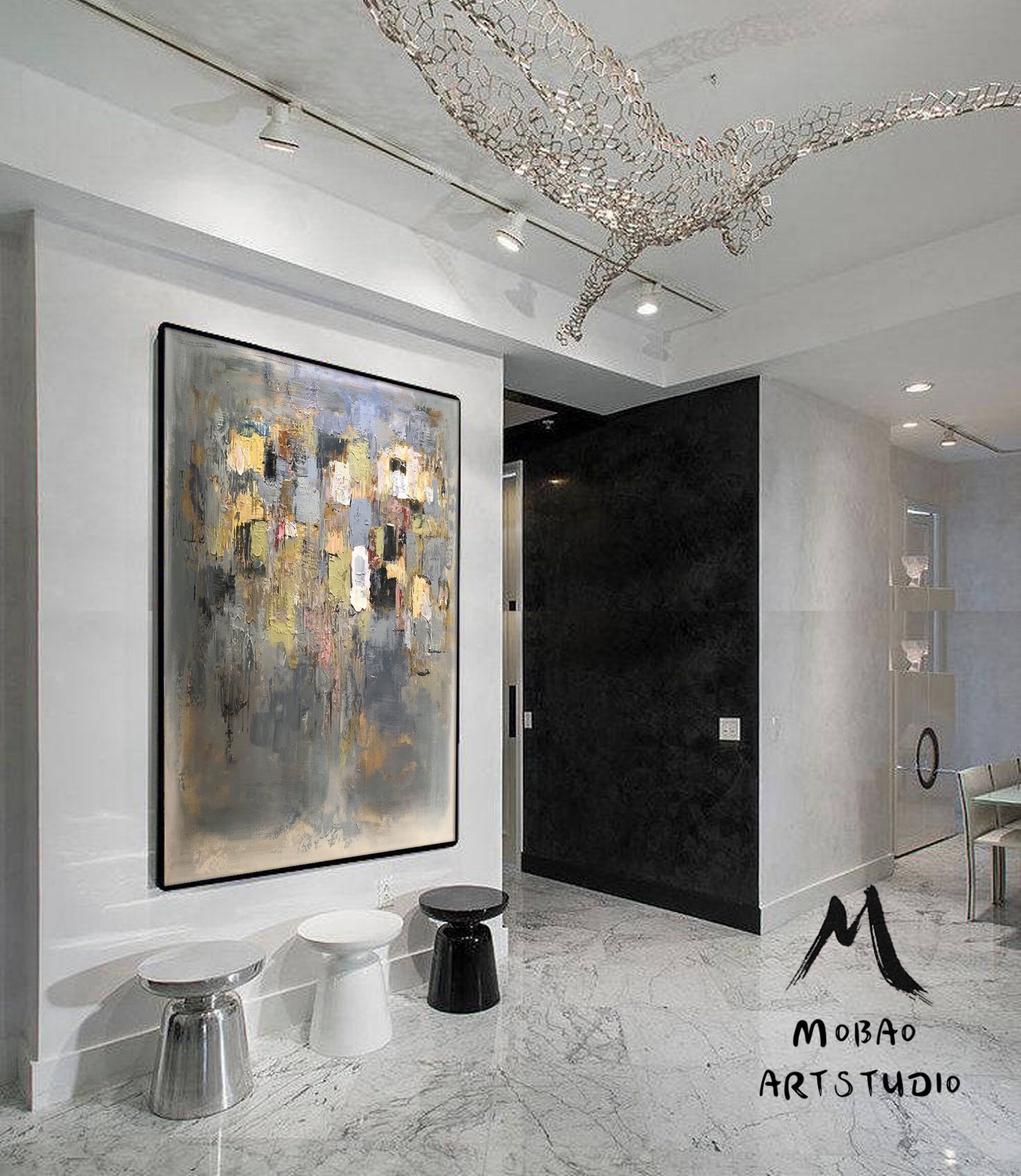Large Gold Cubes White Abstract Painting, Modern Painting, Abstract Wall Art Palette Knife Artwork Clear Painting, Office Decor Painting