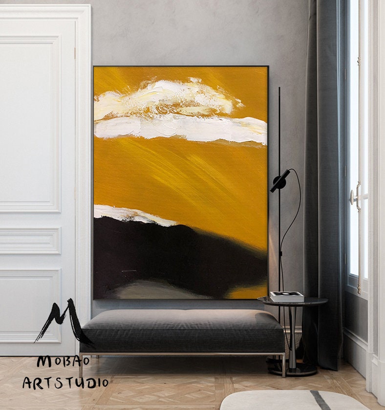 Large Abstract Painting, Original Golden Yellow Abstract Painting,Minimalist Abstract Painting,White Painting Black Painting,Living Room Art