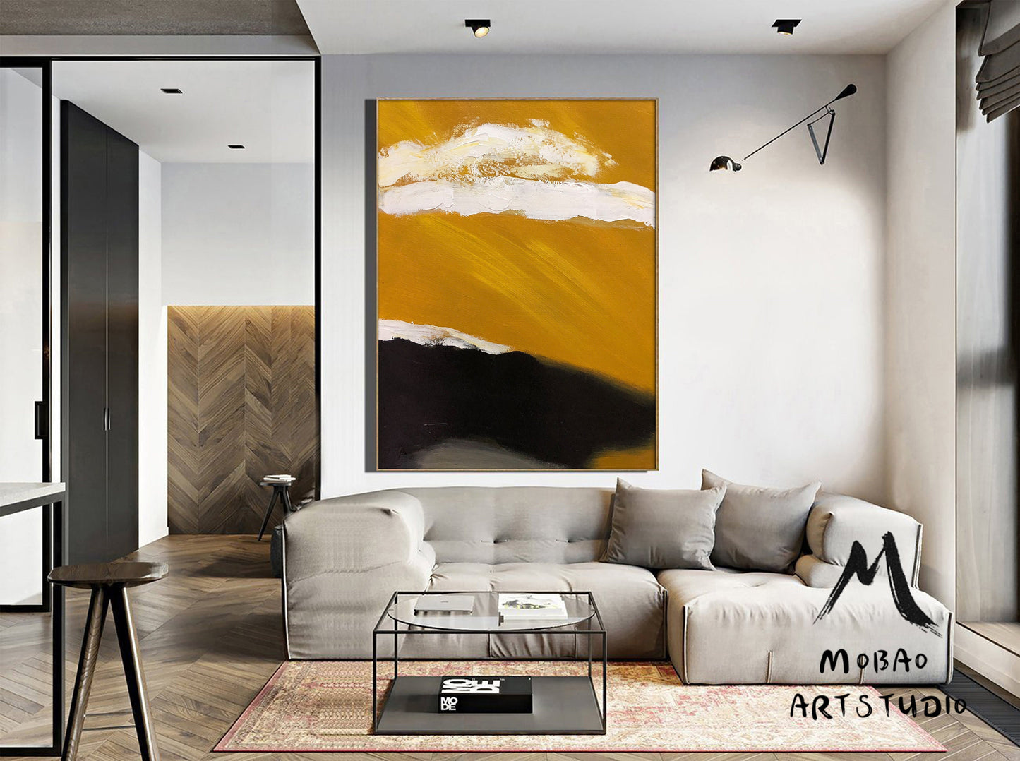 Large Abstract Painting, Original Golden Yellow Abstract Painting,Minimalist Abstract Painting,White Painting Black Painting,Living Room Art