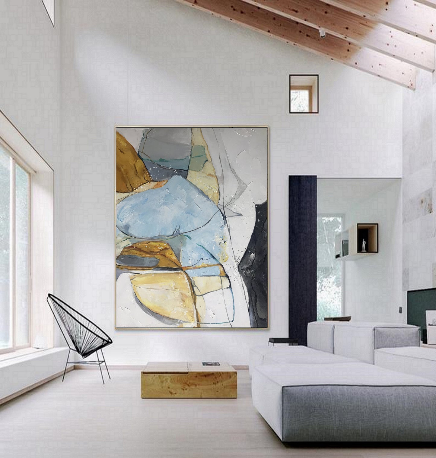 Large Minimalist Abstract Art, Gold Painting Blue Painting, Minimalist Abstract Painting,Original Abstract Painting,Large Canvas Painting
