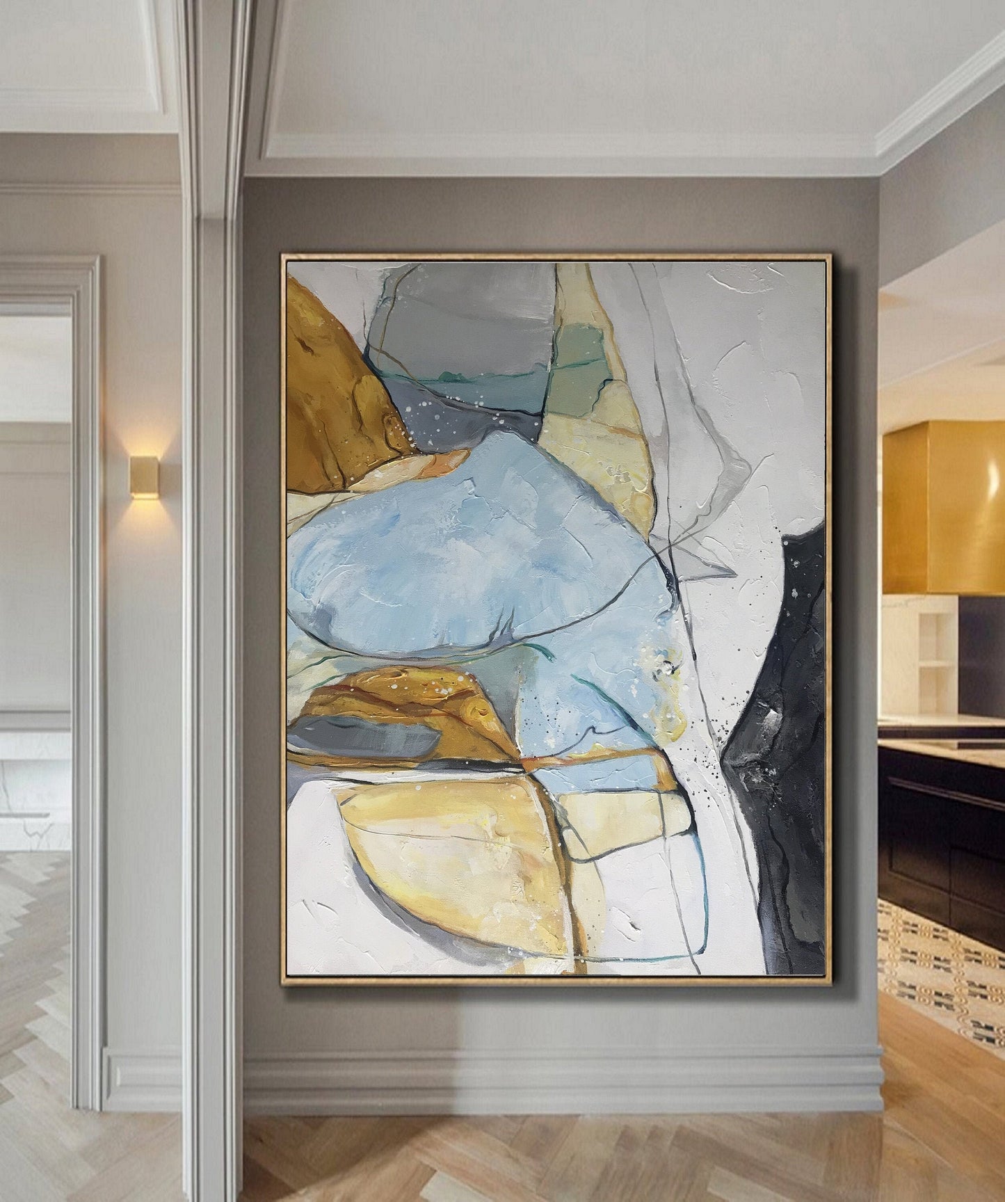 Large Minimalist Abstract Art, Gold Painting Blue Painting, Minimalist Abstract Painting,Original Abstract Painting,Large Canvas Painting