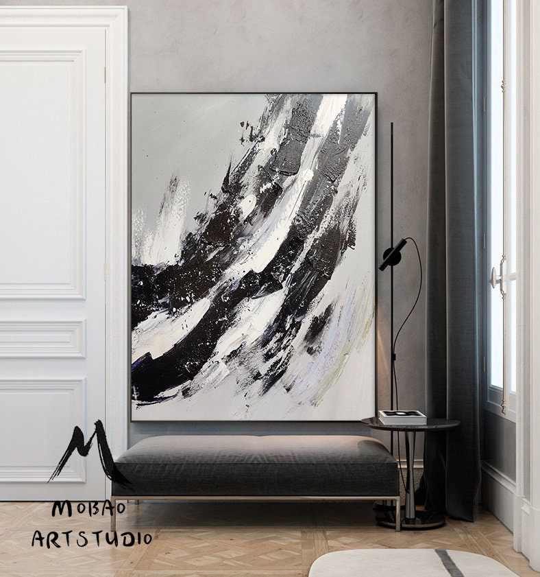 Large Abstract Painting,Modern Abstract Painting,Oil Hand Painting,Gray White Painting Black Painting,Office Wall Art,Original Textured Art