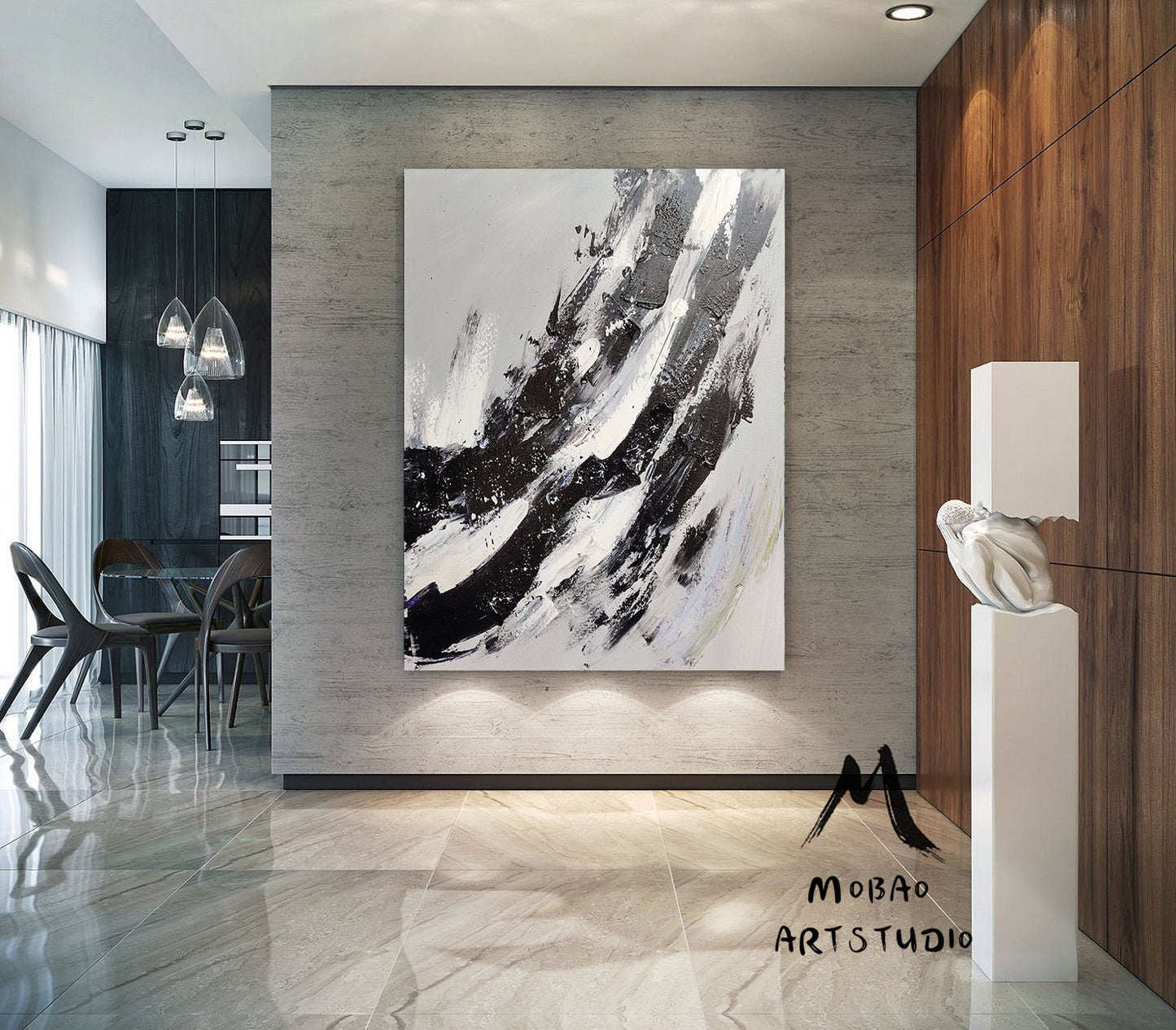 Large Abstract Painting,Modern Abstract Painting,Oil Hand Painting,Gray White Painting Black Painting,Office Wall Art,Original Textured Art