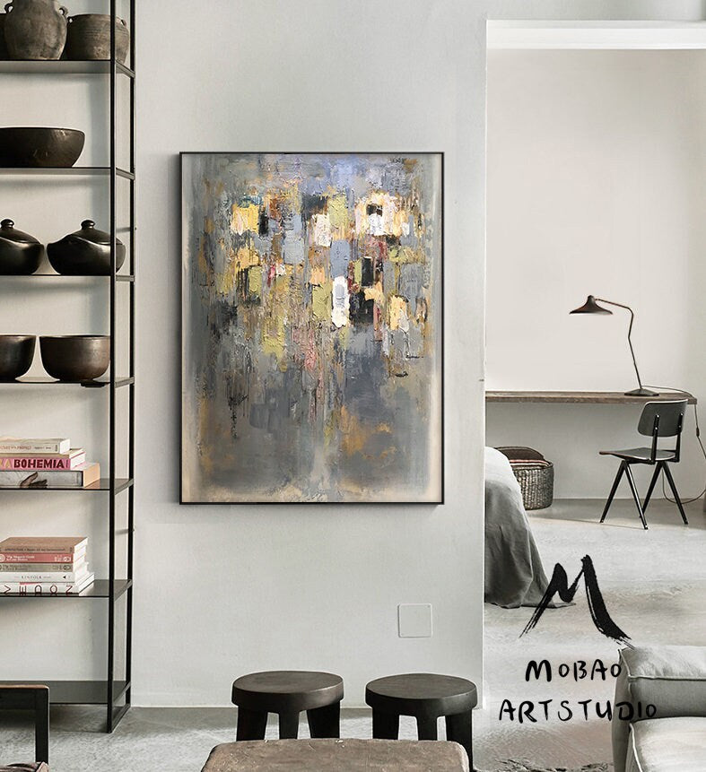 Large Gold Cubes White Abstract Painting, Modern Painting, Abstract Wall Art Palette Knife Artwork Clear Painting, Office Decor Painting