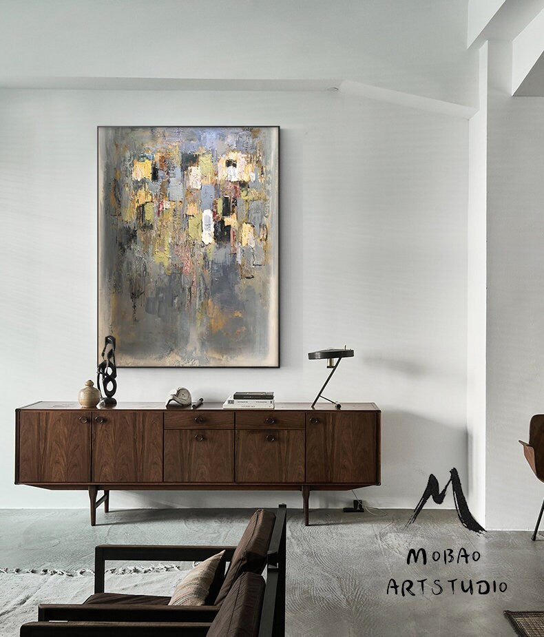 Large Gold Cubes White Abstract Painting, Modern Painting, Abstract Wall Art Palette Knife Artwork Clear Painting, Office Decor Painting