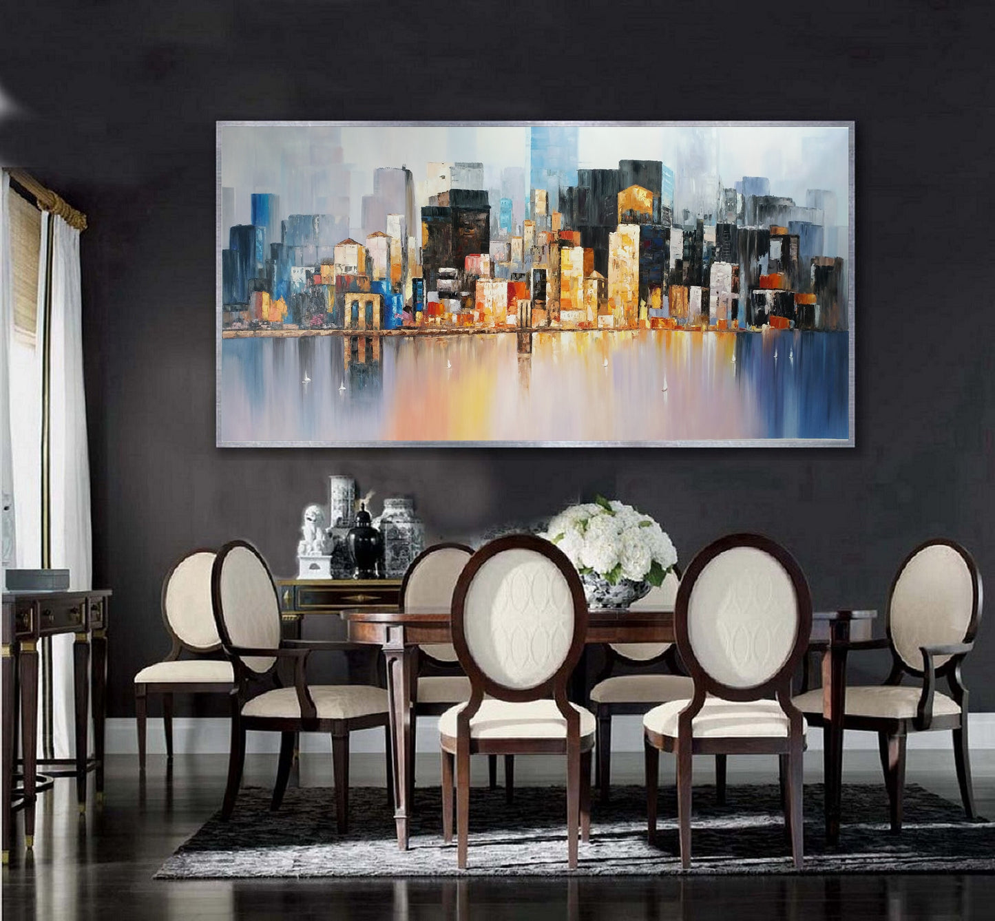 Large City art abstract painting, Large wall art oil painting, Future New York City Landscape Knife painting, Original city art oil painting