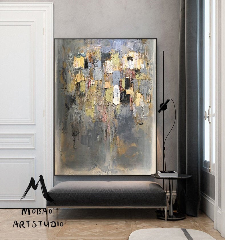 Large Gold Cubes White Abstract Painting, Modern Painting, Abstract Wall Art Palette Knife Artwork Clear Painting, Office Decor Painting