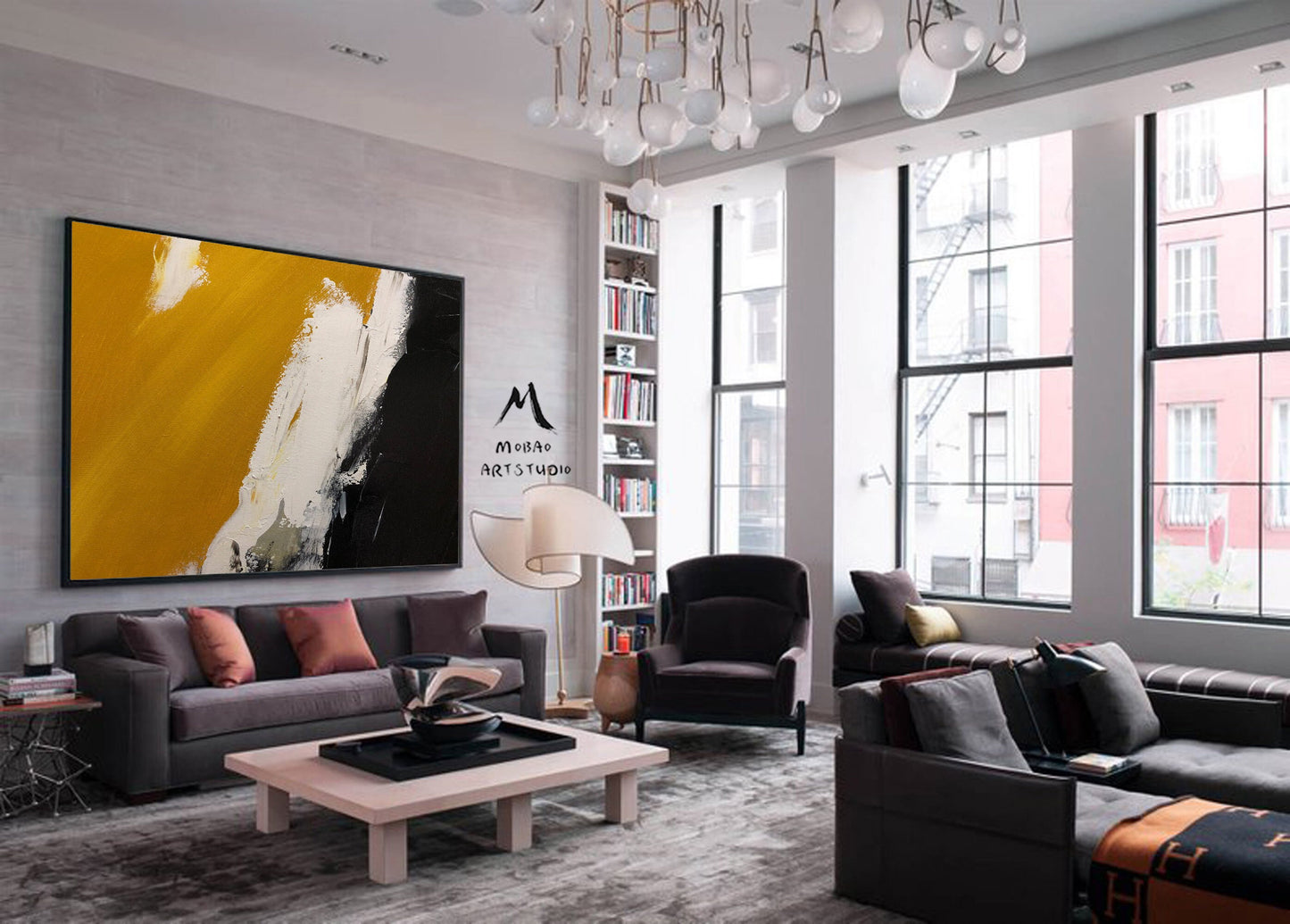 Black Abstract Painting Original, Yellow Painting White Painting,Minimalist Abstract Art,White Abstract Painting,Modern Living Room Art