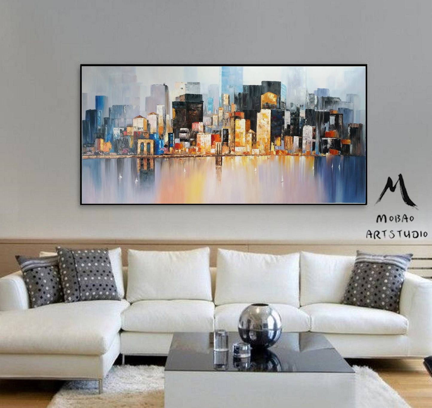 Large City art abstract painting, Large wall art oil painting, Future New York City Landscape Knife painting, Original city art oil painting