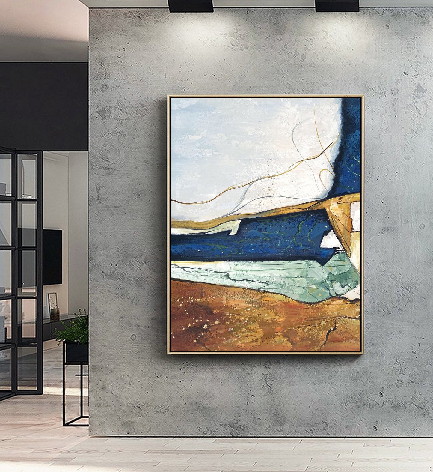 Large Blue Abstract painting Blue Minimalism Painting Beige Wall Art Beige Canvas Painting Gold Abstract Art Gold Canvas Wall Art Painting