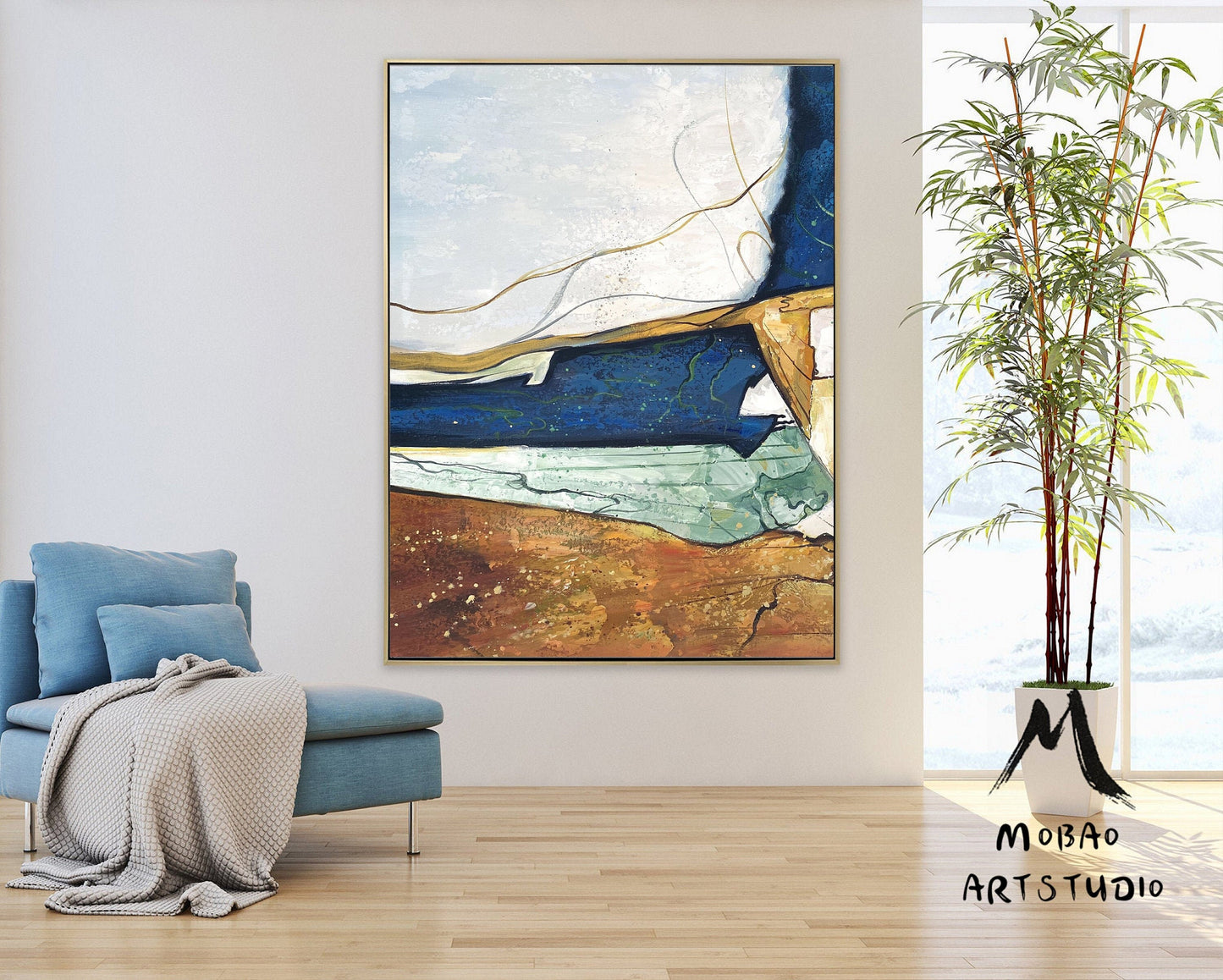 Large Blue Abstract painting Blue Minimalism Painting Beige Wall Art Beige Canvas Painting Gold Abstract Art Gold Canvas Wall Art Painting