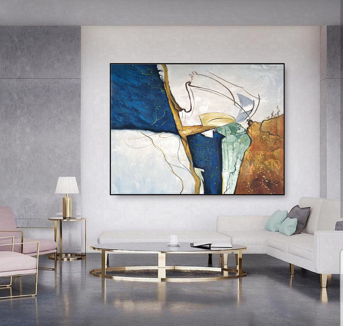 Large Gold Abstract Painting,Original Blue Abstract Painting,Minimalist Abstract Painting,Beige Painting Large Sofa Wall Canvas Oil Painting
