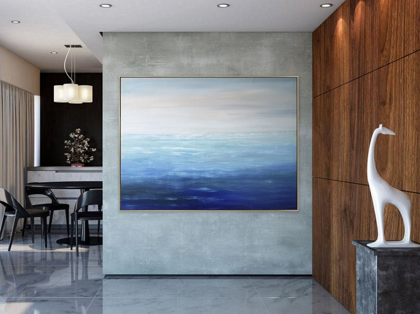 Large Blue Sea Abstract Art, Light Blue Ocean Abstract Painting,Sea Wave Abstract Canvas Oil Painting,Beige Sky Abstract Landscape Painting
