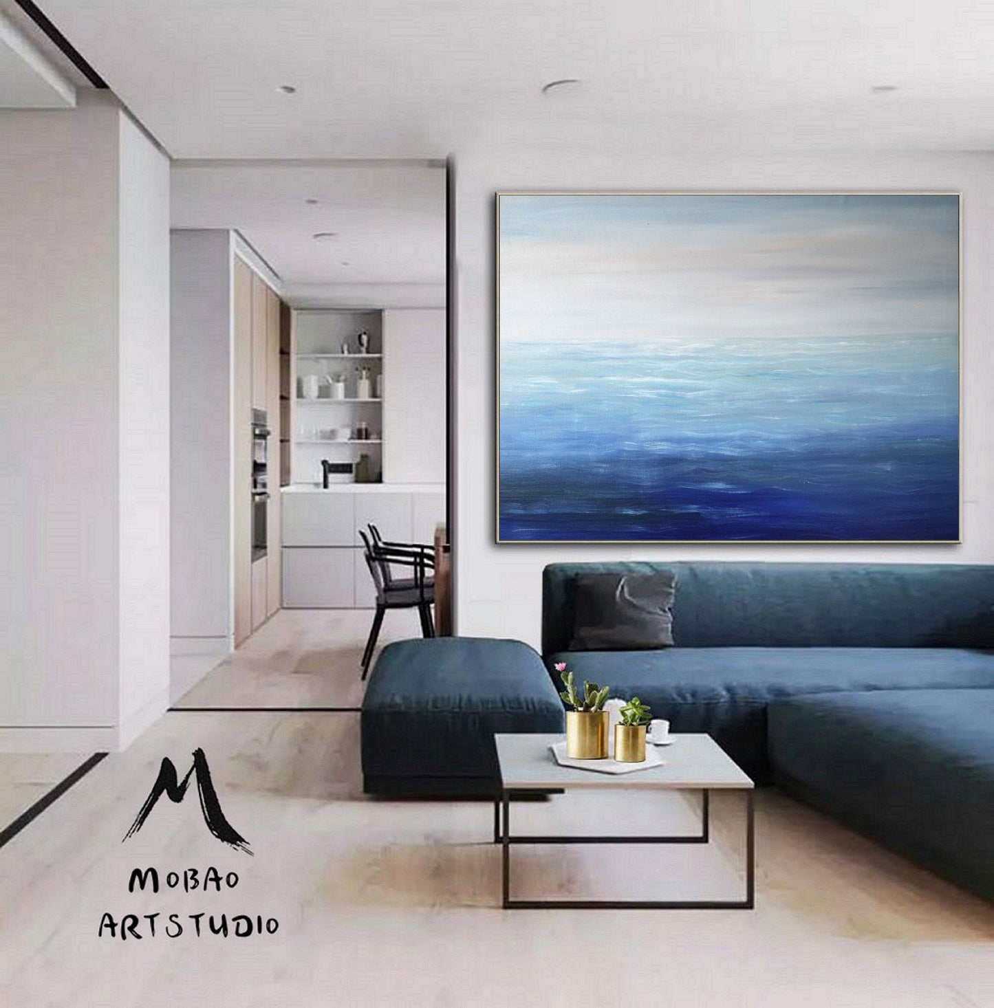 Large Blue Sea Abstract Art, Light Blue Ocean Abstract Painting,Sea Wave Abstract Canvas Oil Painting,Beige Sky Abstract Landscape Painting
