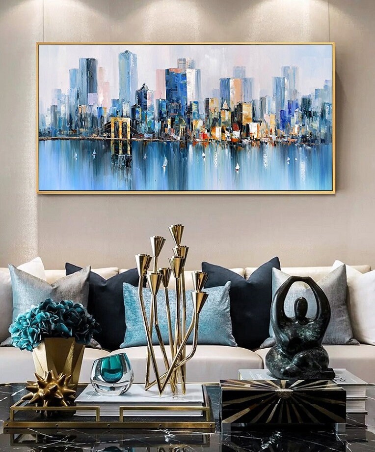 Large Urban Abstract painting, Blue Landscape Abstract Painting, New York City Landscape painting, Original city art painting,Large well art