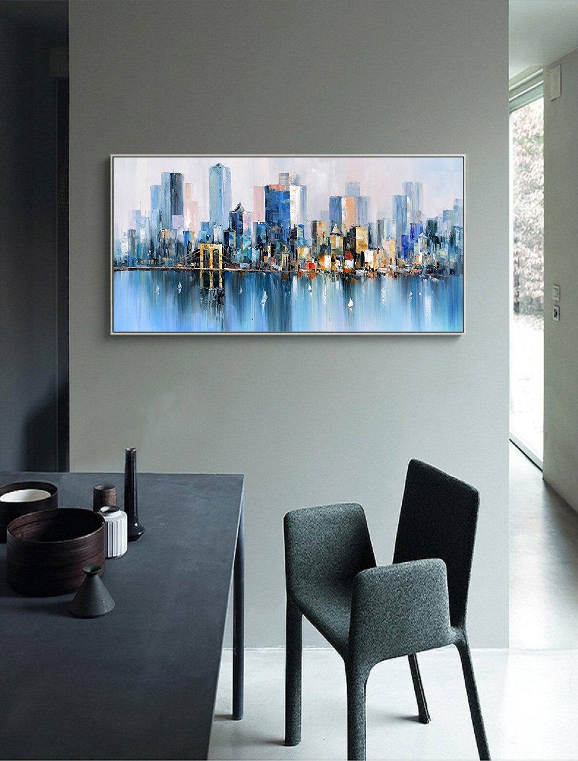 Large Urban Abstract painting, Blue Landscape Abstract Painting, New York City Landscape painting, Original city art painting,Large well art