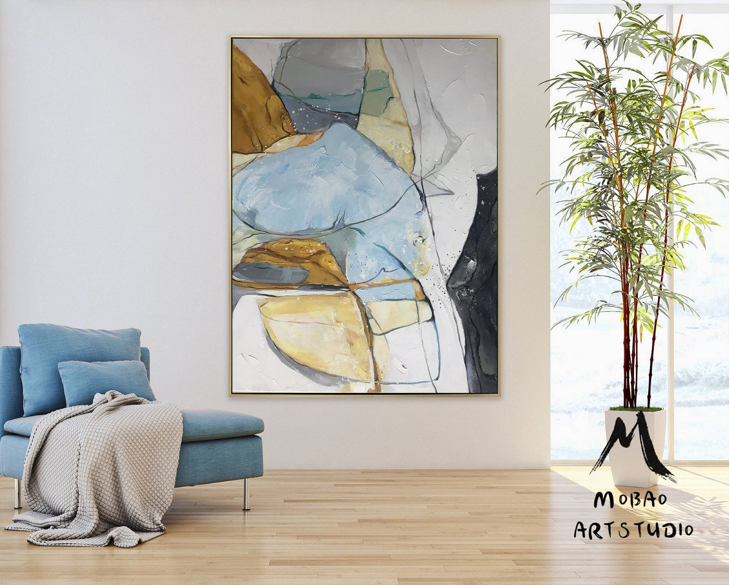 Large Minimalist Abstract Art, Gold Painting Blue Painting, Minimalist Abstract Painting,Original Abstract Painting,Large Canvas Painting
