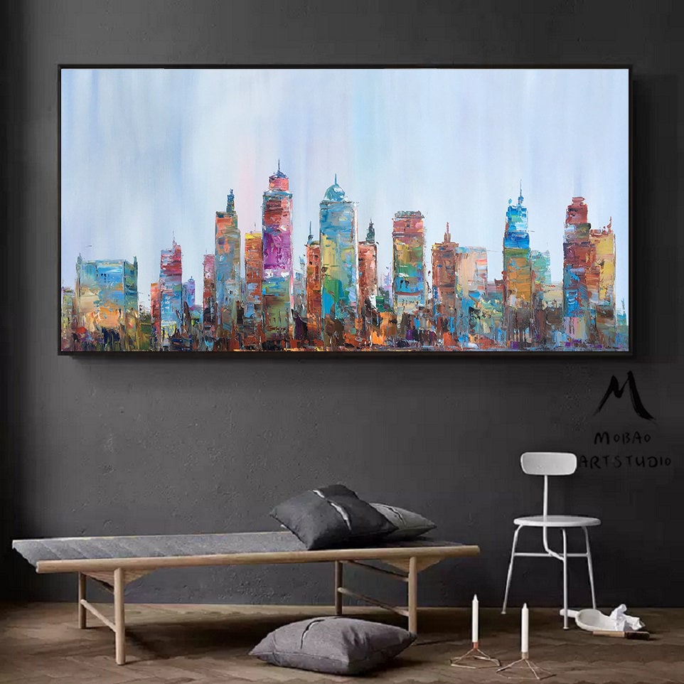Large City Abstract Painting on Canvas Wall Art City Skyline Abstract Oil Painting City painting Kansas City Art Modern City Wall Art Decor