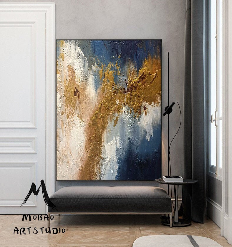 Extra Large Painting on Canvas,Original Large Abstract Painting,Contemporary Art Modern Oil Painting Large Blue Painting Gold Abstract Art
